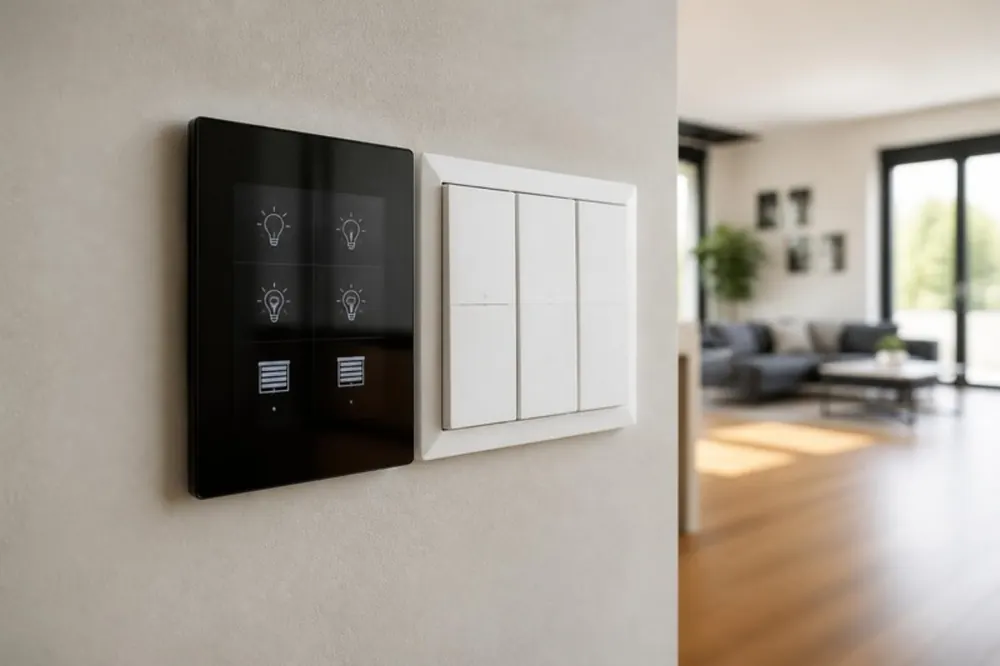 KNX-Bedienfeld und Taster an der Wand eines Wohnraums
