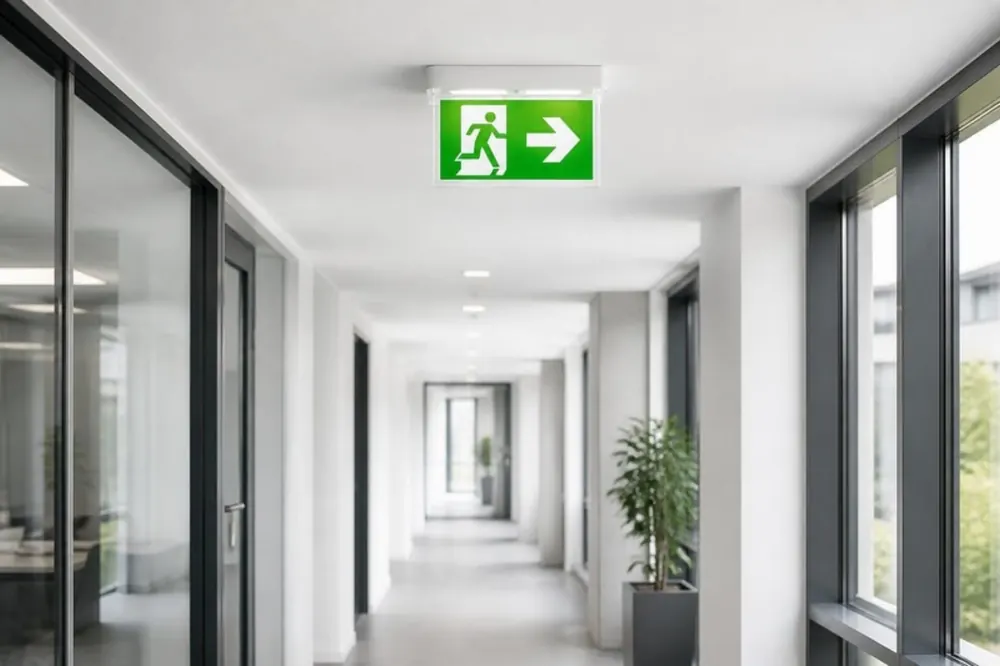 Beleuchtetes Rettungszeichen über einem Flur