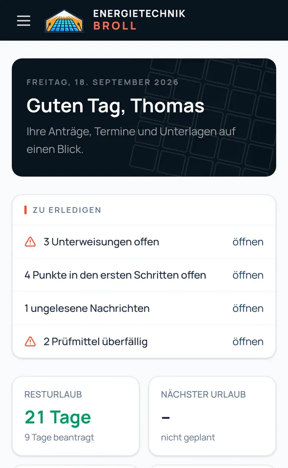 Startseite des Broll-Mitarbeiterportals auf dem Handy mit Resturlaub, offenen Unterweisungen und Prüfmitteln (Beispieldaten)